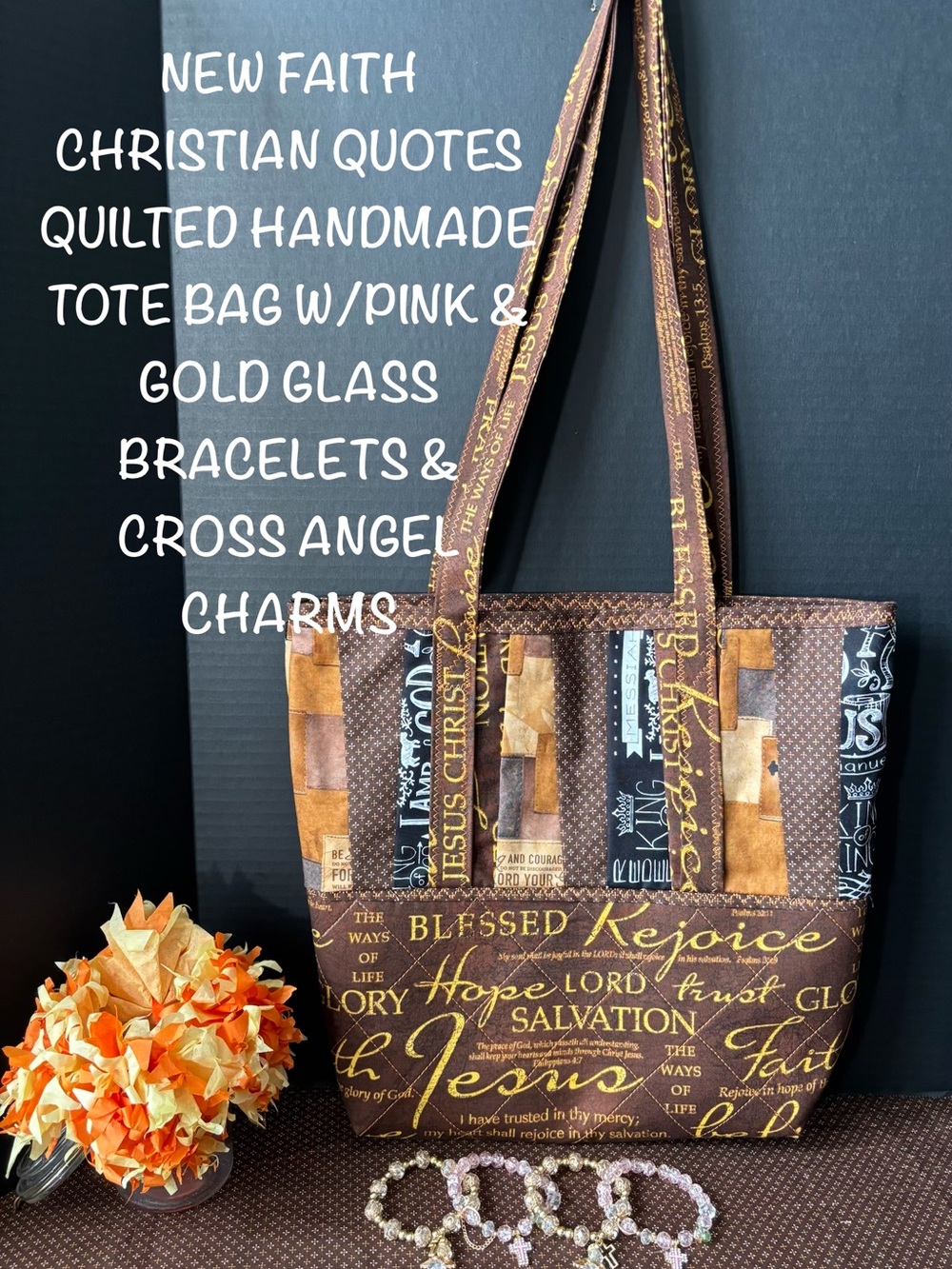 New Quilted Handmade Christian Bible Quotes Shoulder Bag W/Gold & Pink Bracelets